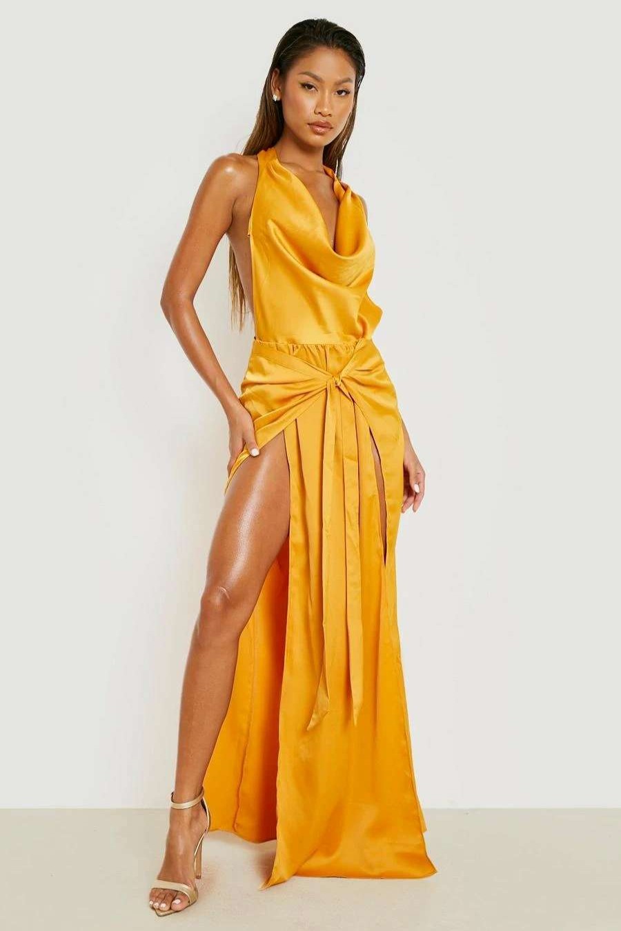 Maxi Dresses * | Premium Satin Cowl Neck Drape Maxi Dress