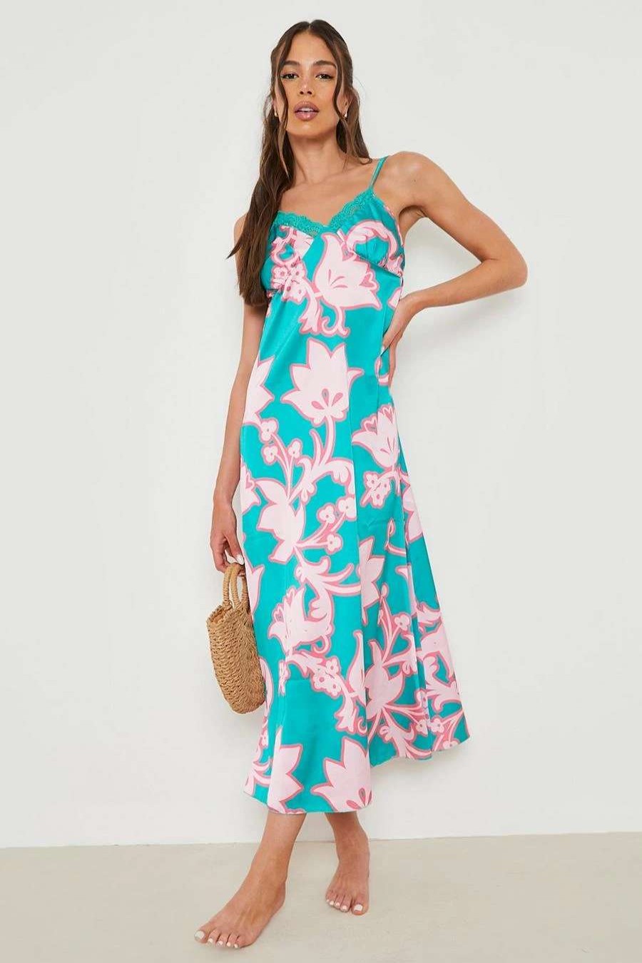 Maxi Dresses * | Floral Print Lace Trim Maxi Slip Dress