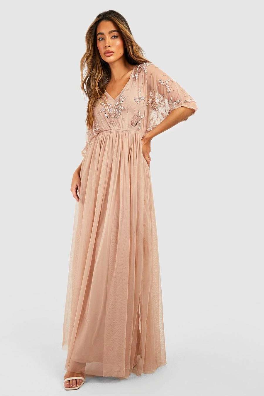 Maxi Dresses * | Bridesmaid Hand Embellished Kimono Mesh Maxi