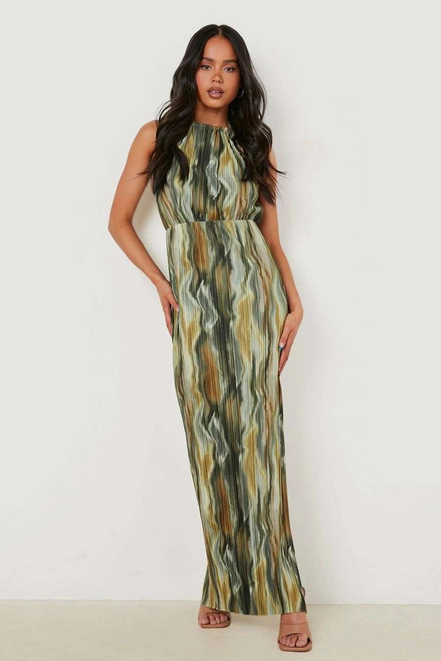 Maxi Dresses * | Petite Printed Plisse Pleated Thigh Split Maxi Dress