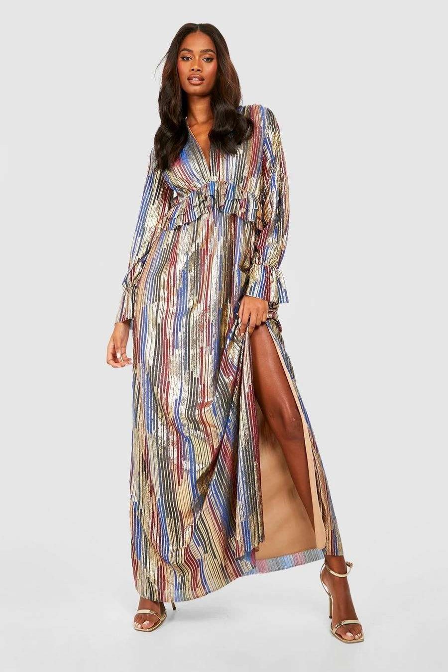 Maxi Dresses * | Metallic Rainbow Plisse Ruffle Maxi Party Dress