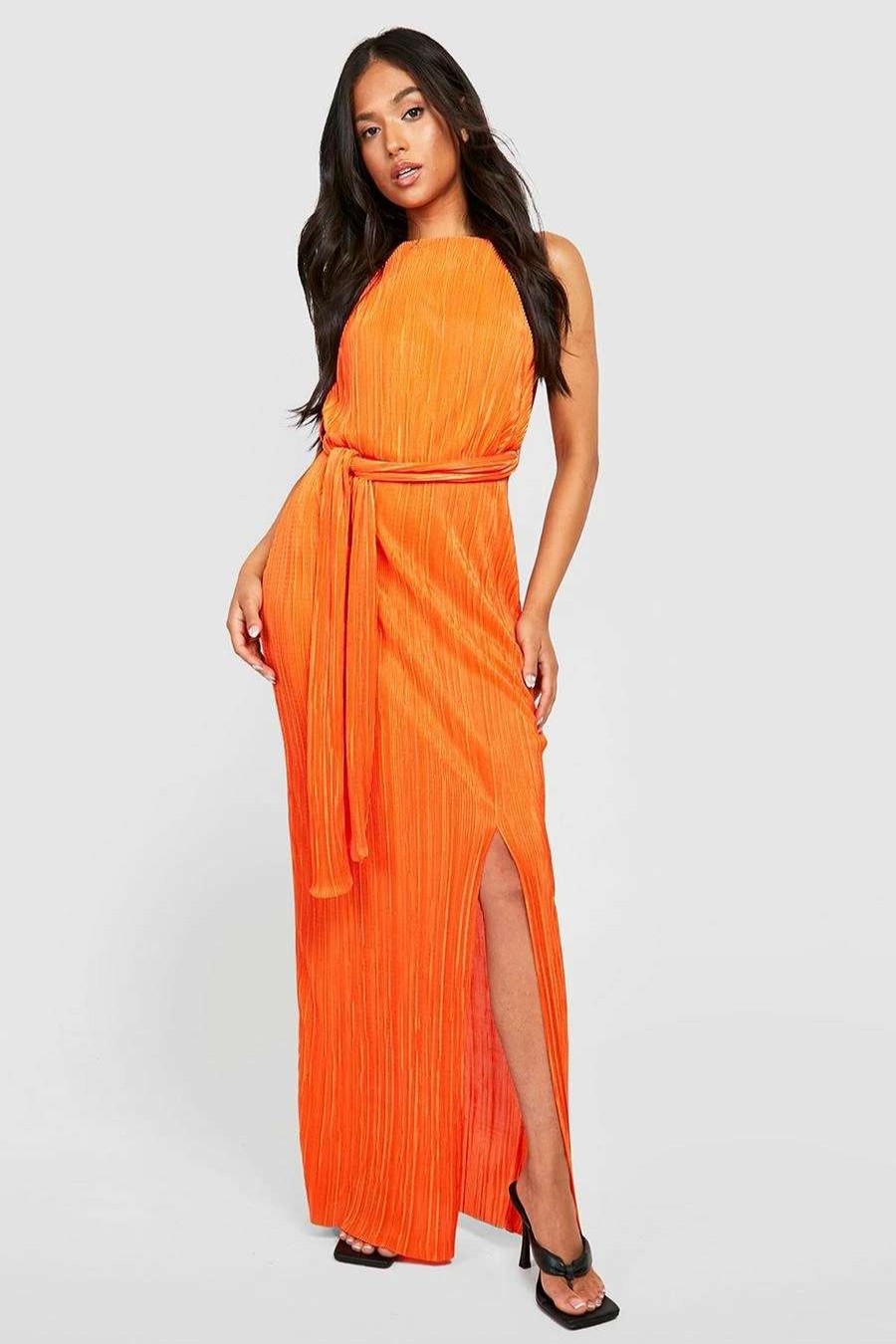 Maxi Dresses * | Petite Plisse Belted Thigh Split Maxi Dress