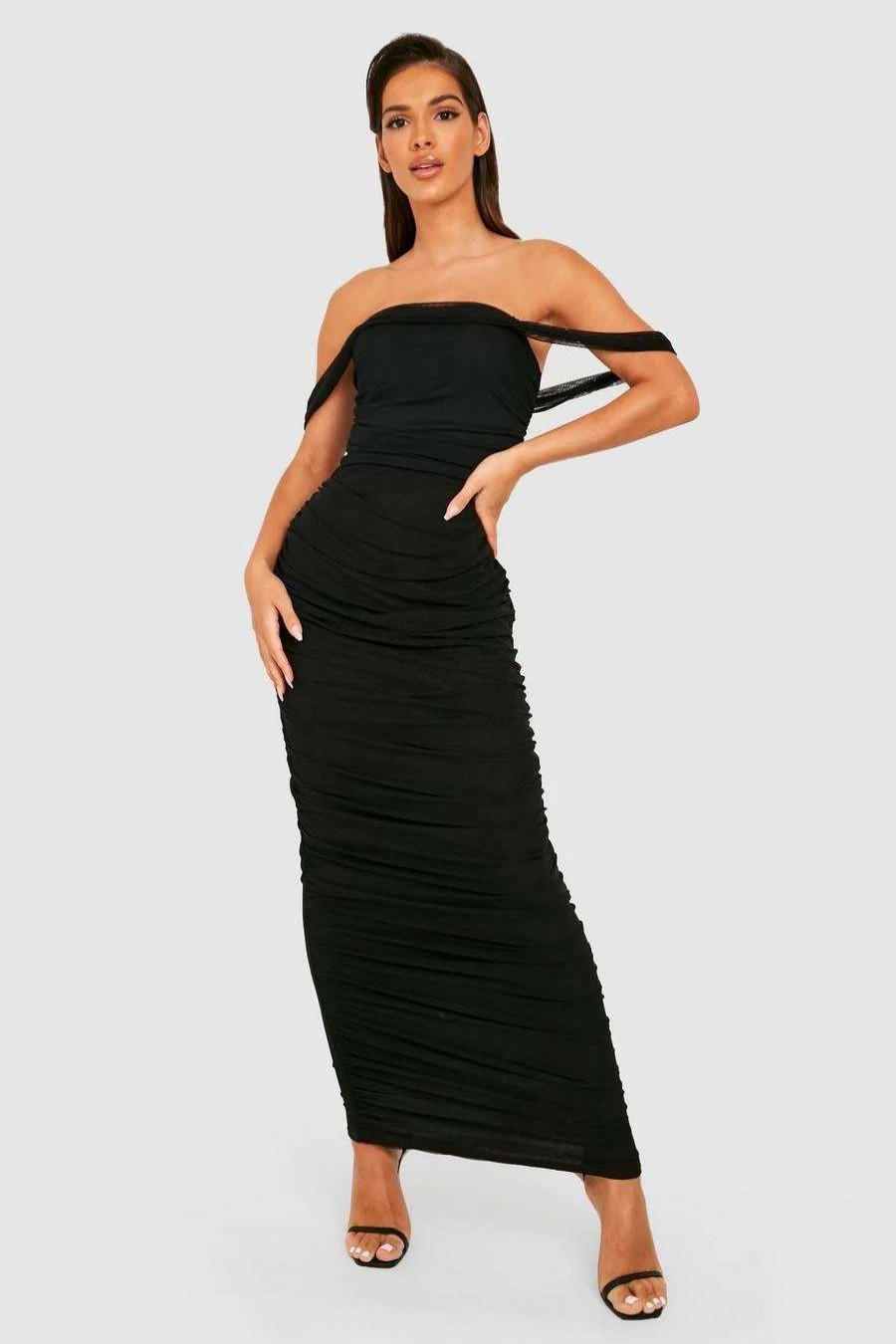 Maxi Dresses * | Rouched Mesh Draped Bardot Maxi Dress