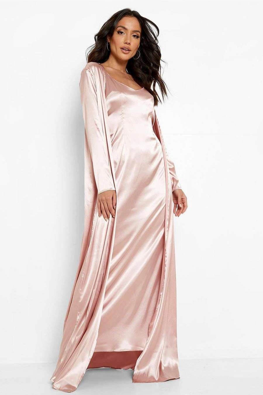 Maxi Dresses * | Satin Maxi Party Dress And Duster Coat