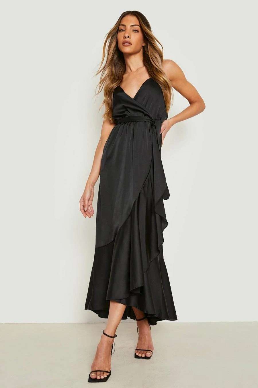 Maxi Dresses * | Satin Strappy Belted Maxi Skater Dress