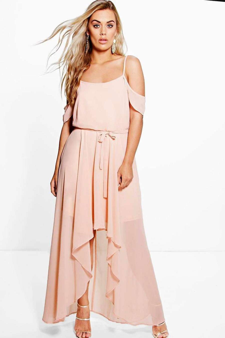 Maxi Dresses * | Plus Chiffon Frill Open Shoulder Dress