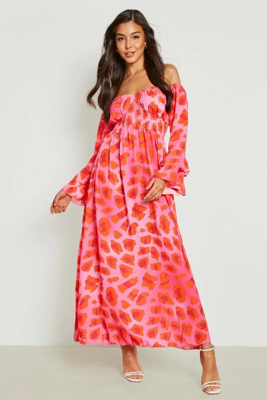 Maxi Dresses * | Woven Off Shoulder Animal Midaxi Dress