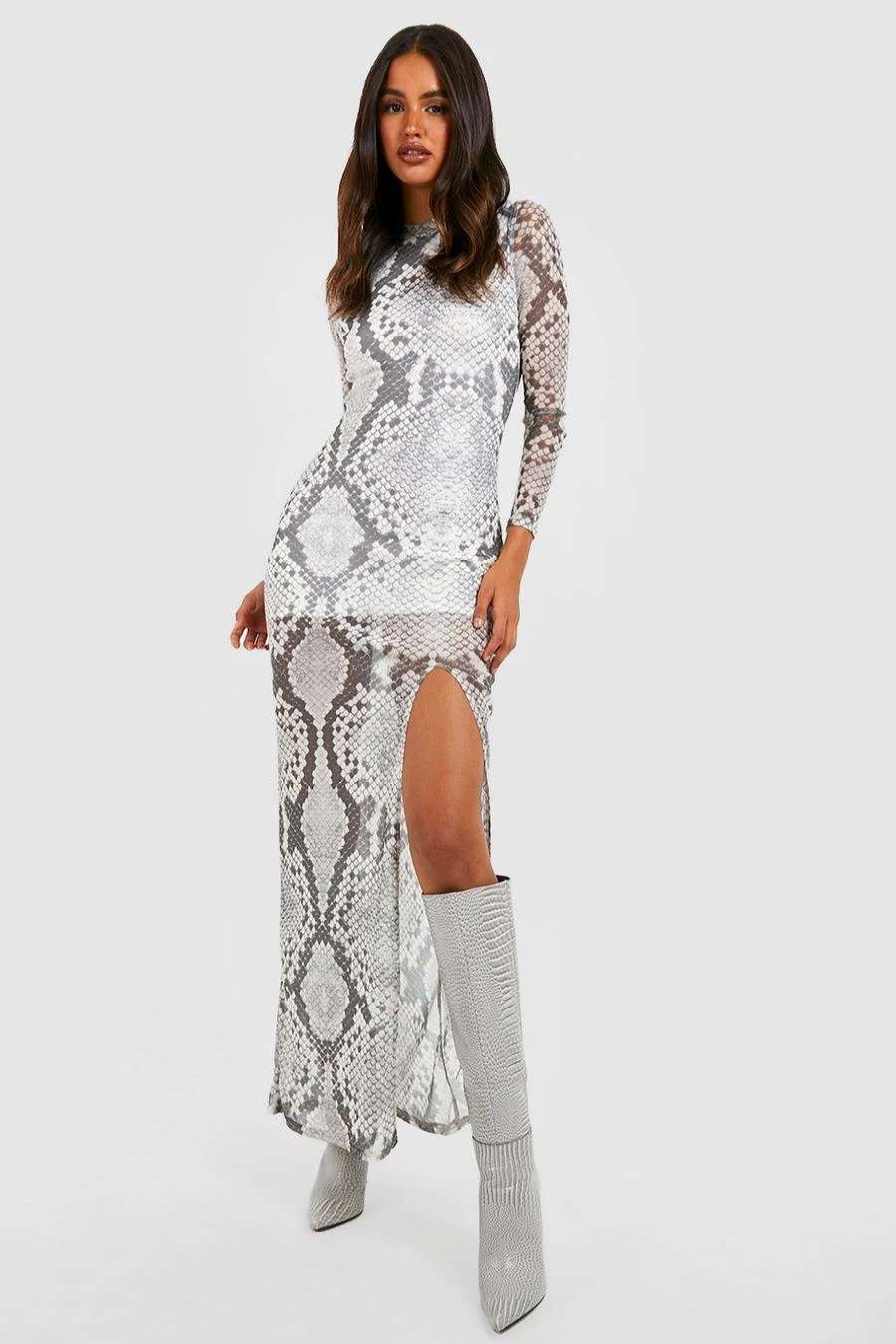 Maxi Dresses * | Mesh Side Split Long Sleeve Snake Print Maxi Dress