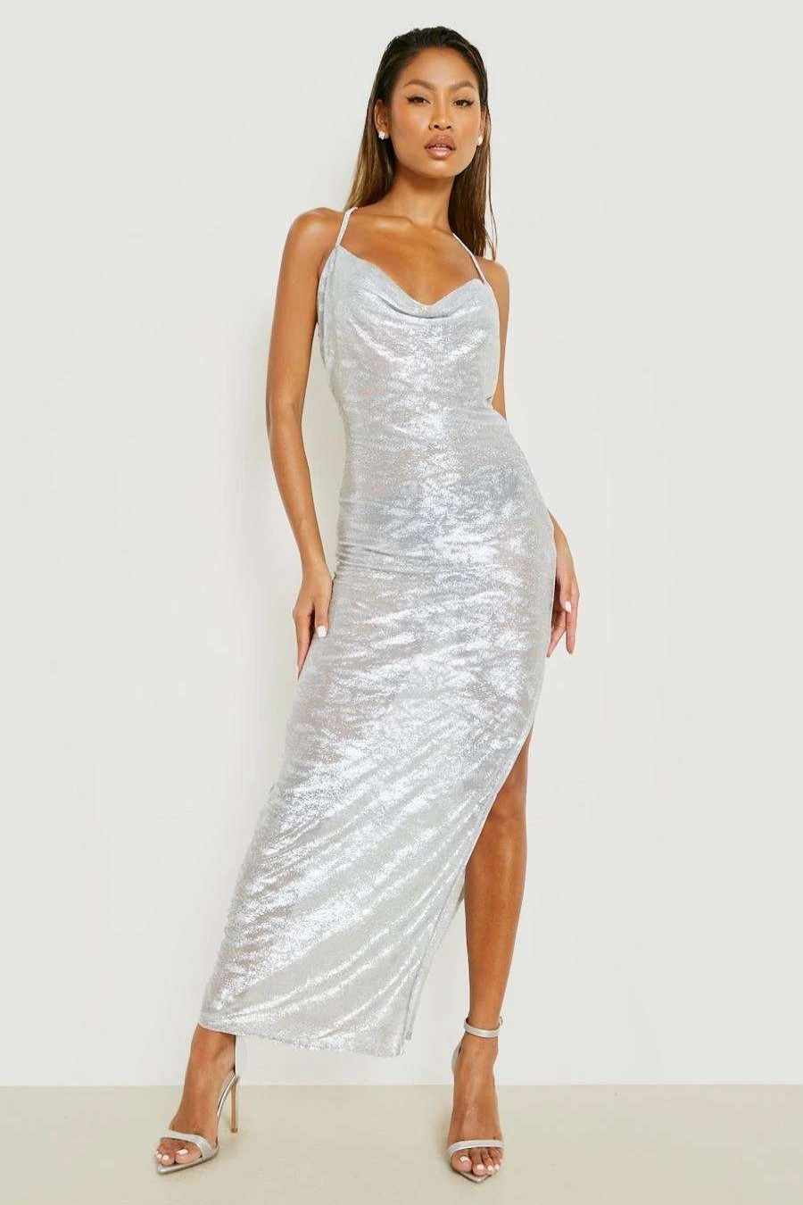 Maxi Dresses * | Metallic Foil Texture Cowl Neck Maxi Dress