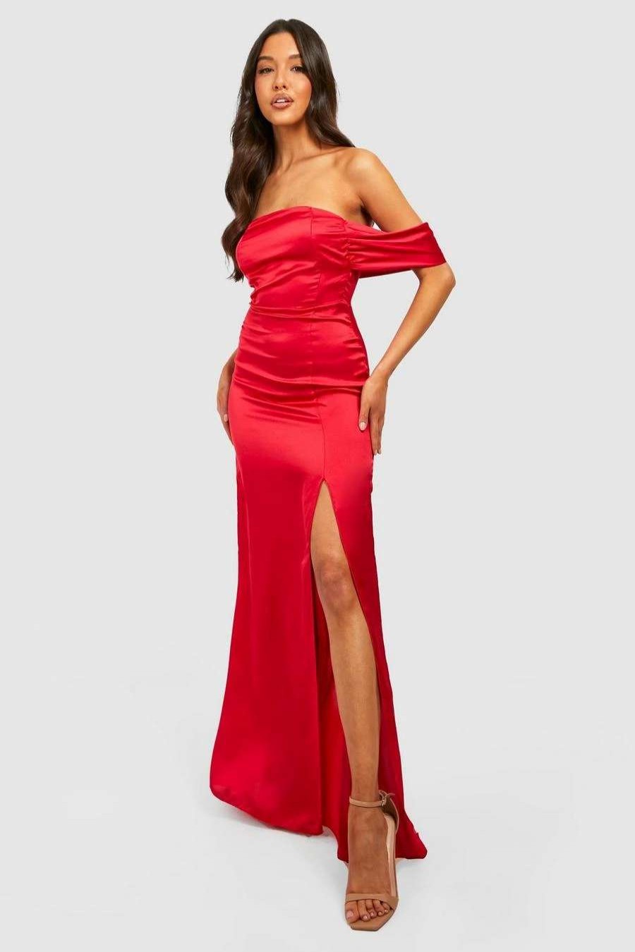 Maxi Dresses * | Satin Ruched Off Shoulder Maxi Dress