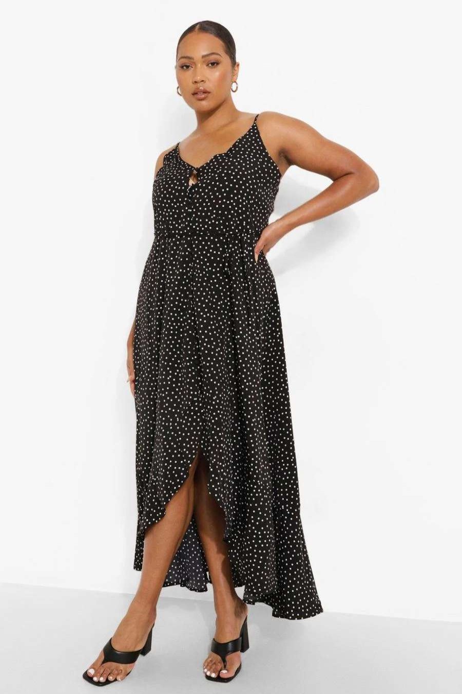 Maxi Dresses * | Plus Polka Dot Ruffle Tie Waist Maxi Dress