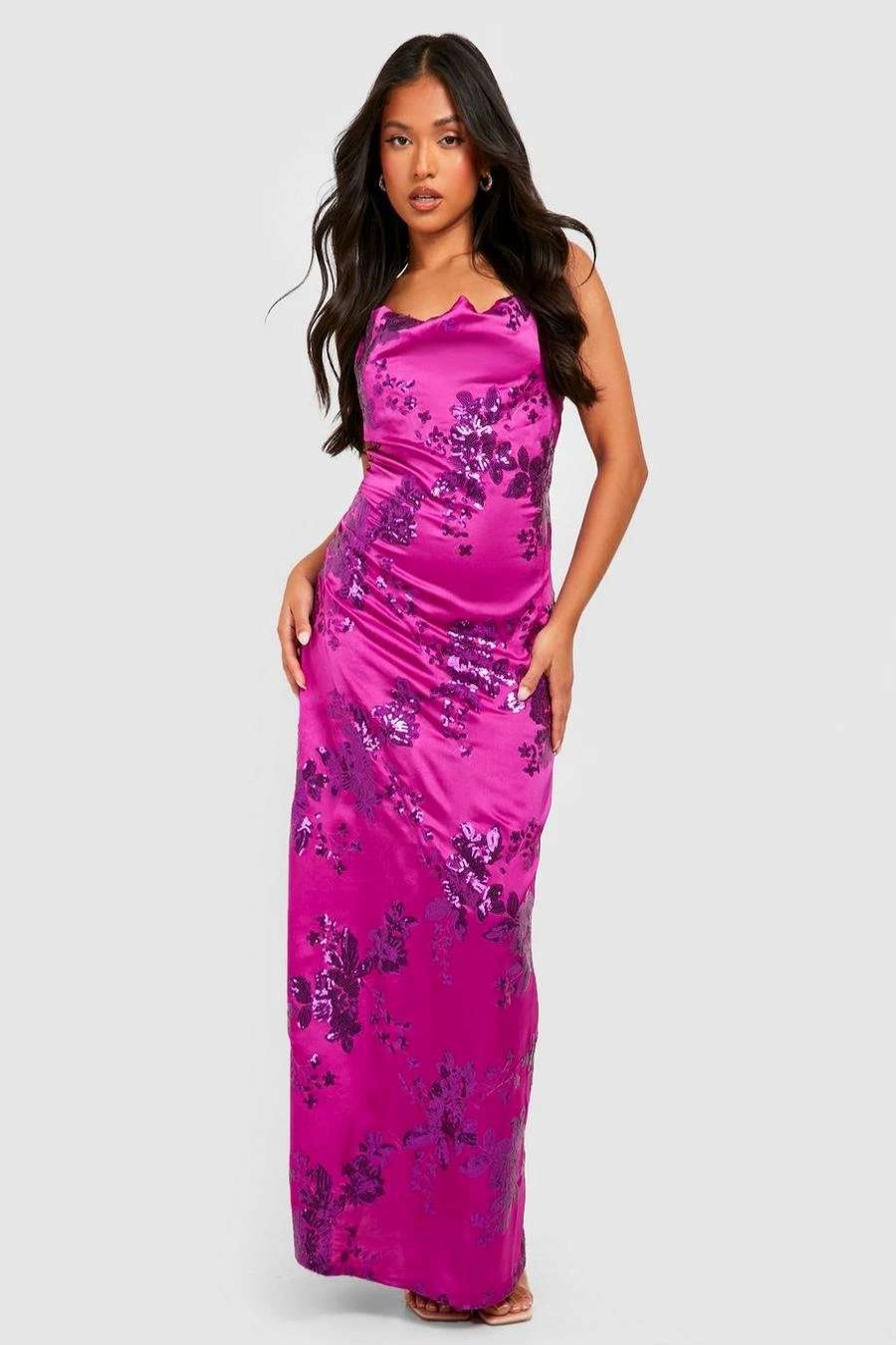 Maxi Dresses * | Petite Satin Embellished Sequin Maxi Dress