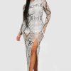 Maxi Dresses * | Plus Mesh Side Split Long Sleeve Snake Print Maxi Dress