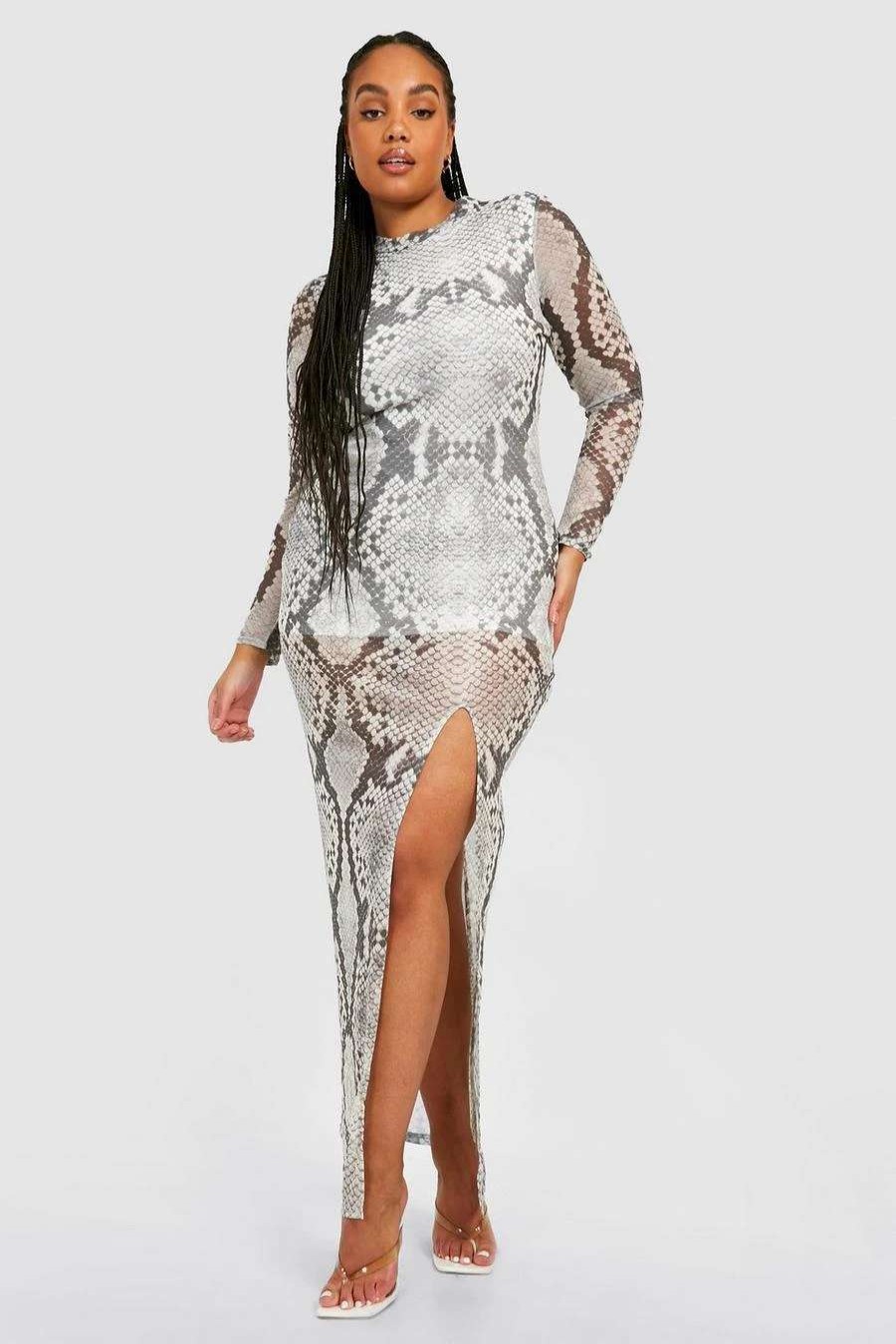 Maxi Dresses * | Plus Mesh Side Split Long Sleeve Snake Print Maxi Dress