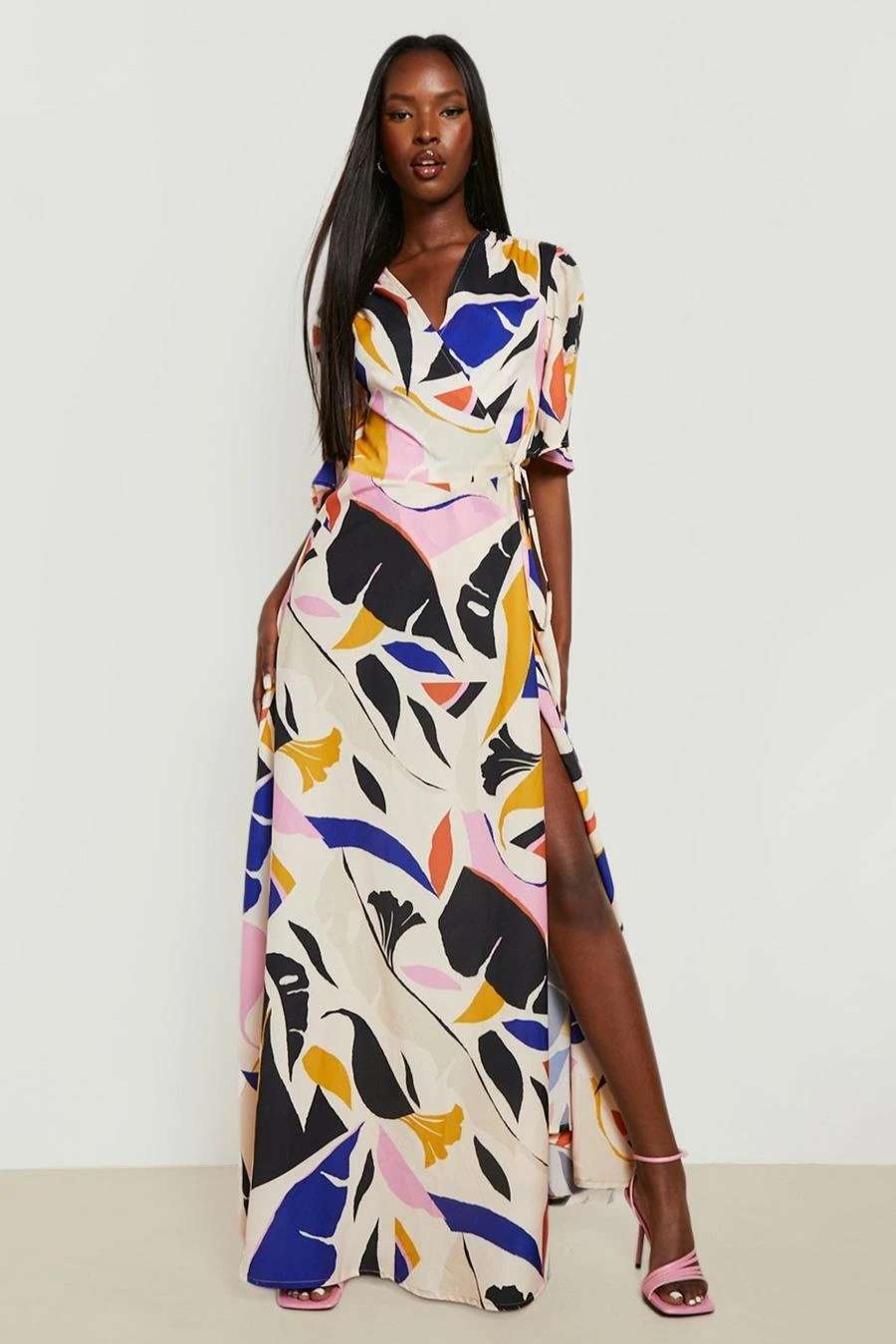 Maxi Dresses * | Satin Abstract Printed Wrap Maxi Dress