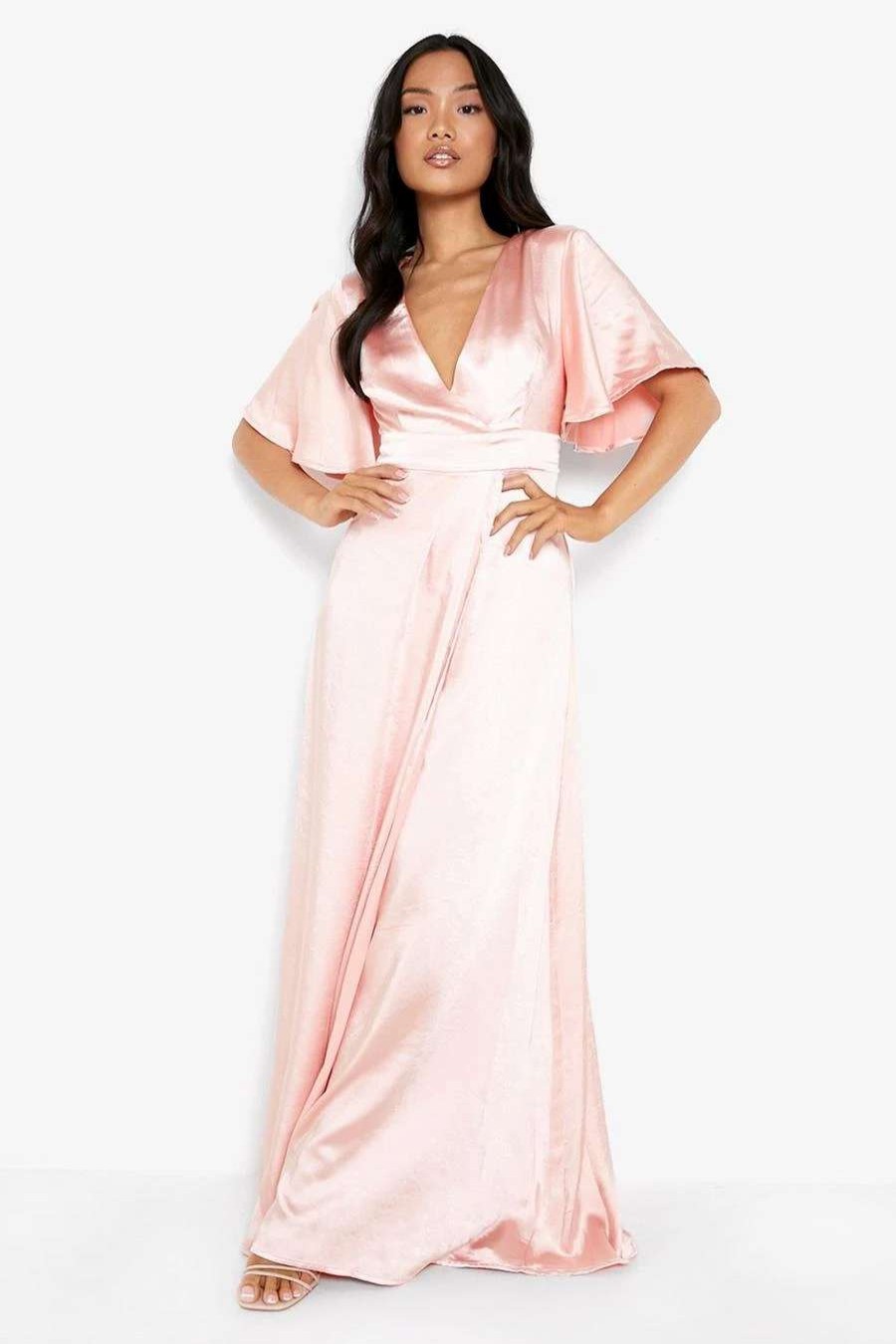 Maxi Dresses * | Petite Satin Wrap Angel Sleeve Maxi Dress