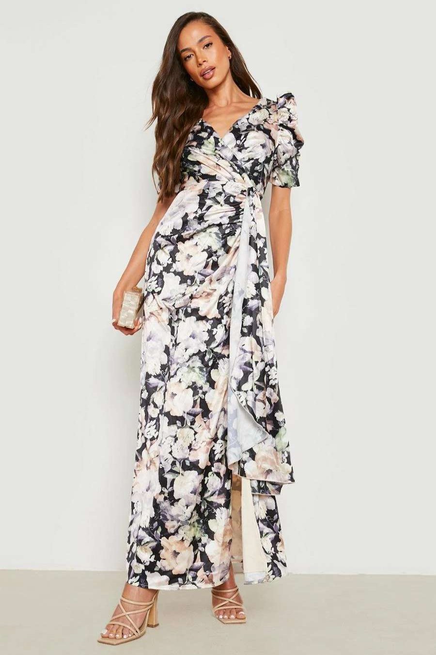 Maxi Dresses * | Floral Satin Puff Sleeve Wrap Maxi Dress