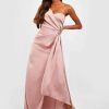 Maxi Dresses * | Satin One Shoulder Drape Maxi Dress