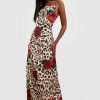 Maxi Dresses * | Rose Satin Leopard Cowl Neck Maxi Dress