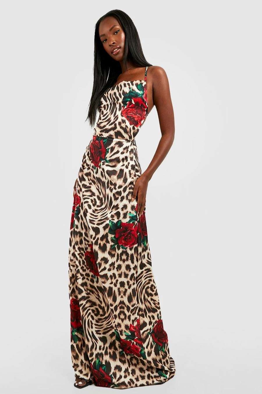 Maxi Dresses * | Rose Satin Leopard Cowl Neck Maxi Dress