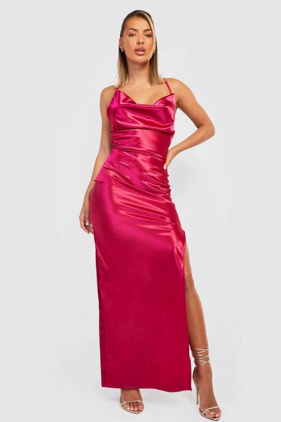 Maxi Dresses * | Satin Strappy Back Cowl Neck Maxi Dress