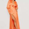 Maxi Dresses * | Plunge Satin Side Split Belted Maxi Dress