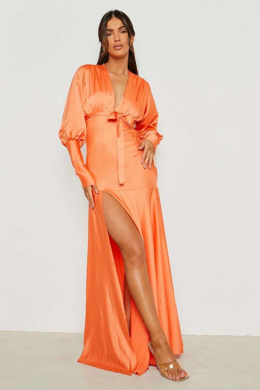 Maxi Dresses * | Plunge Satin Side Split Belted Maxi Dress