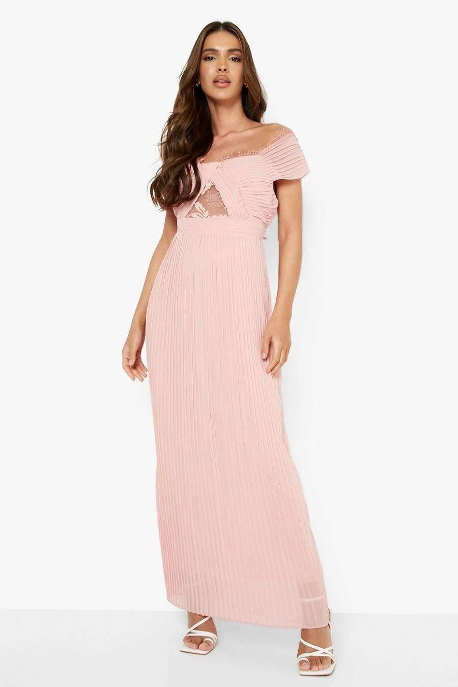 Maxi Dresses * | Lace Detail Pleated Off The Shoulder Maxi Dress