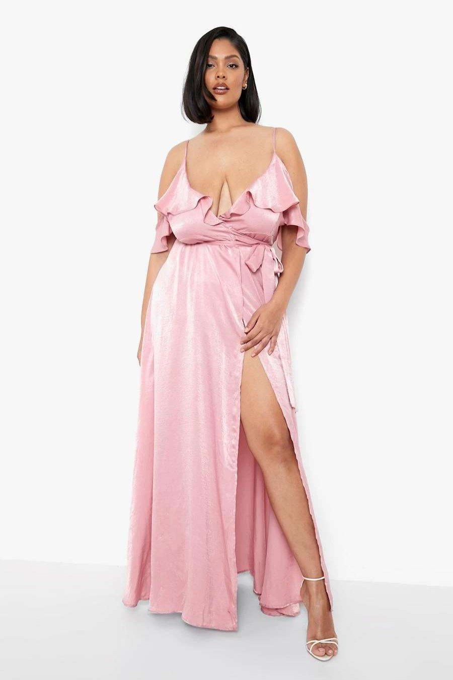 Maxi Dresses * | Plus Satin Cold Shoulder Wrap Maxi Dress