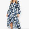 Maxi Dresses * | Plus Floral Satin Ruffle Wrap Maxi Dress