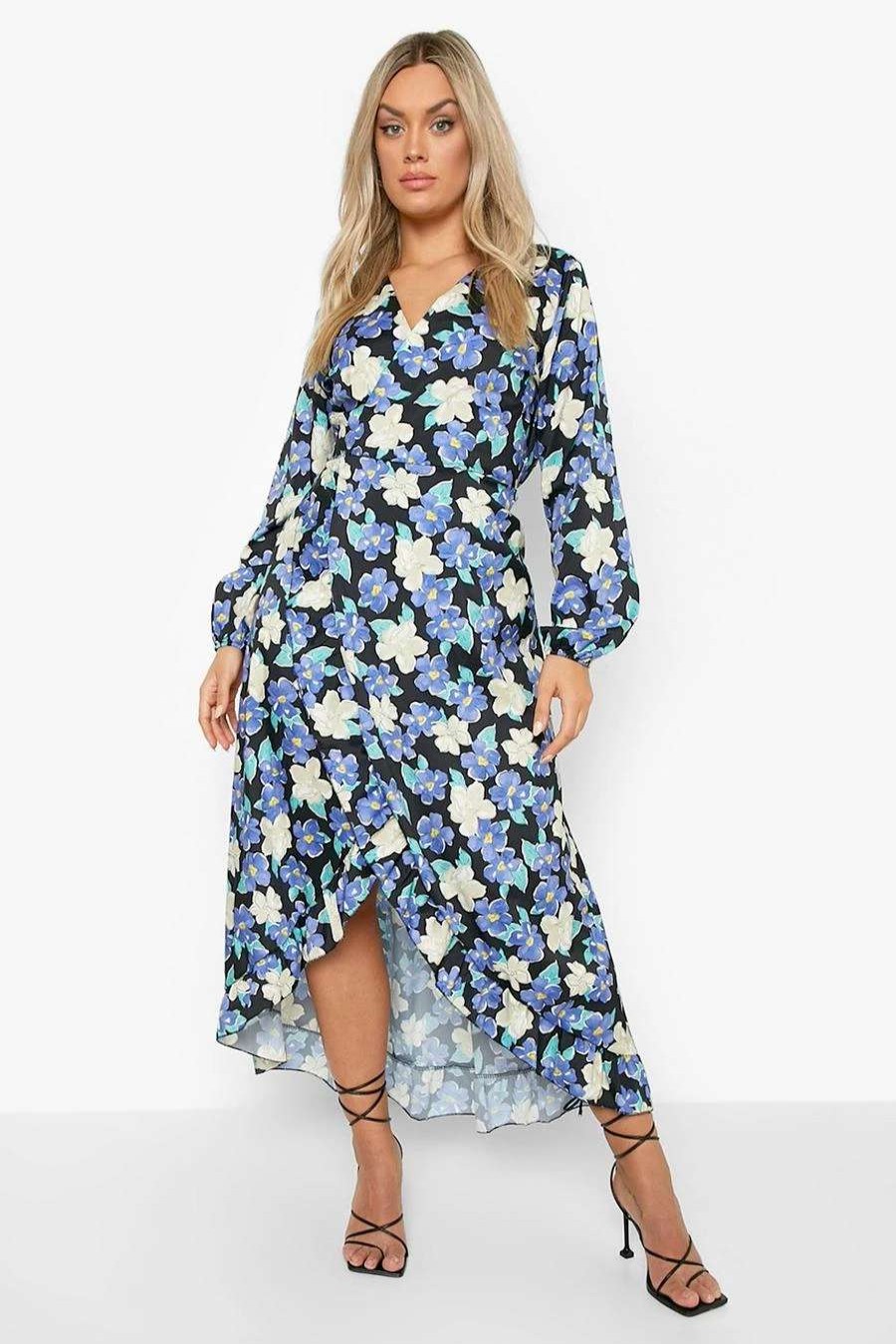 Maxi Dresses * | Plus Floral Satin Ruffle Wrap Maxi Dress