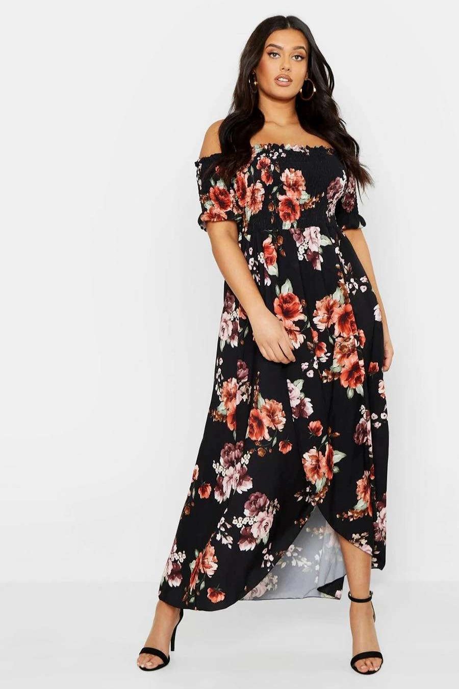 Maxi Dresses * | Plus Floral Off Shoulder Maxi Dress