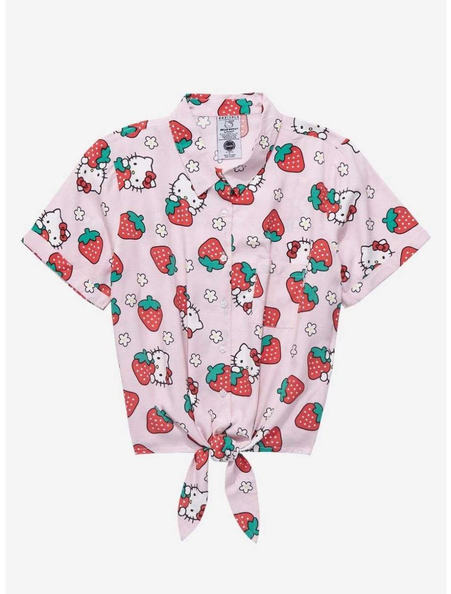 Button-Up Tops * | Sanrio Hello Kitty Strawberries Women'S Tie-Front Woven Top Boxlunch Exclusive