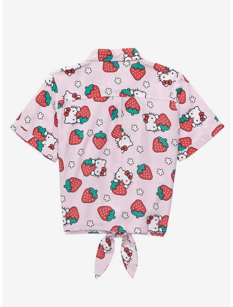 Button-Up Tops * | Sanrio Hello Kitty Strawberries Women'S Tie-Front Woven Top Boxlunch Exclusive