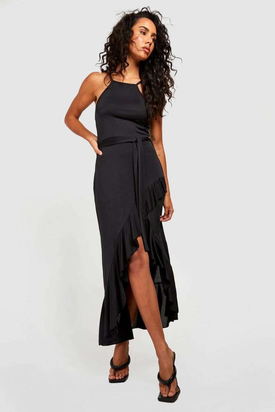 Maxi Dresses * | Slinky Frill Hem Belted Midaxi Dress