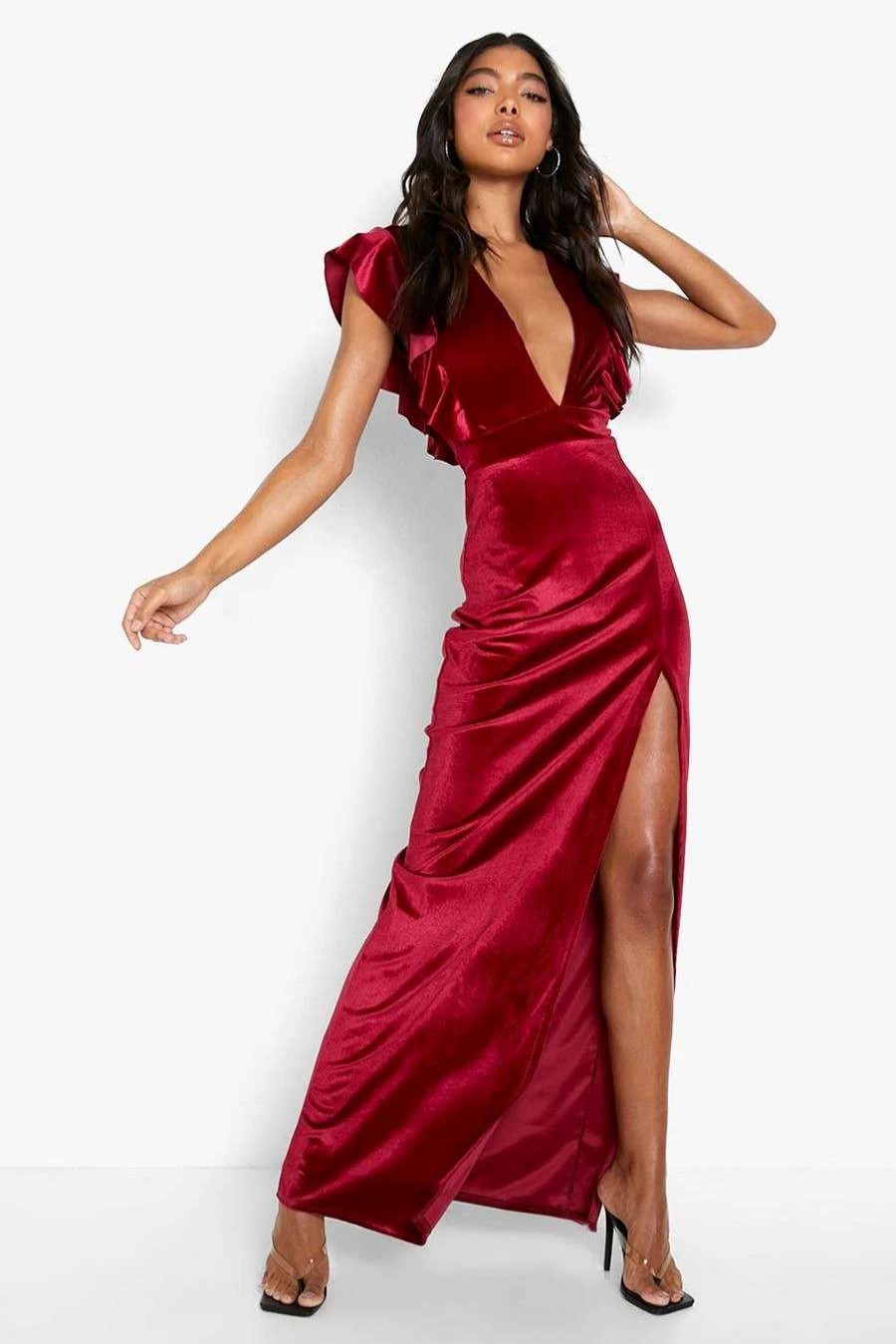 Maxi Dresses * | Tall Plunge Ruffle Velvet Split Maxi Dress