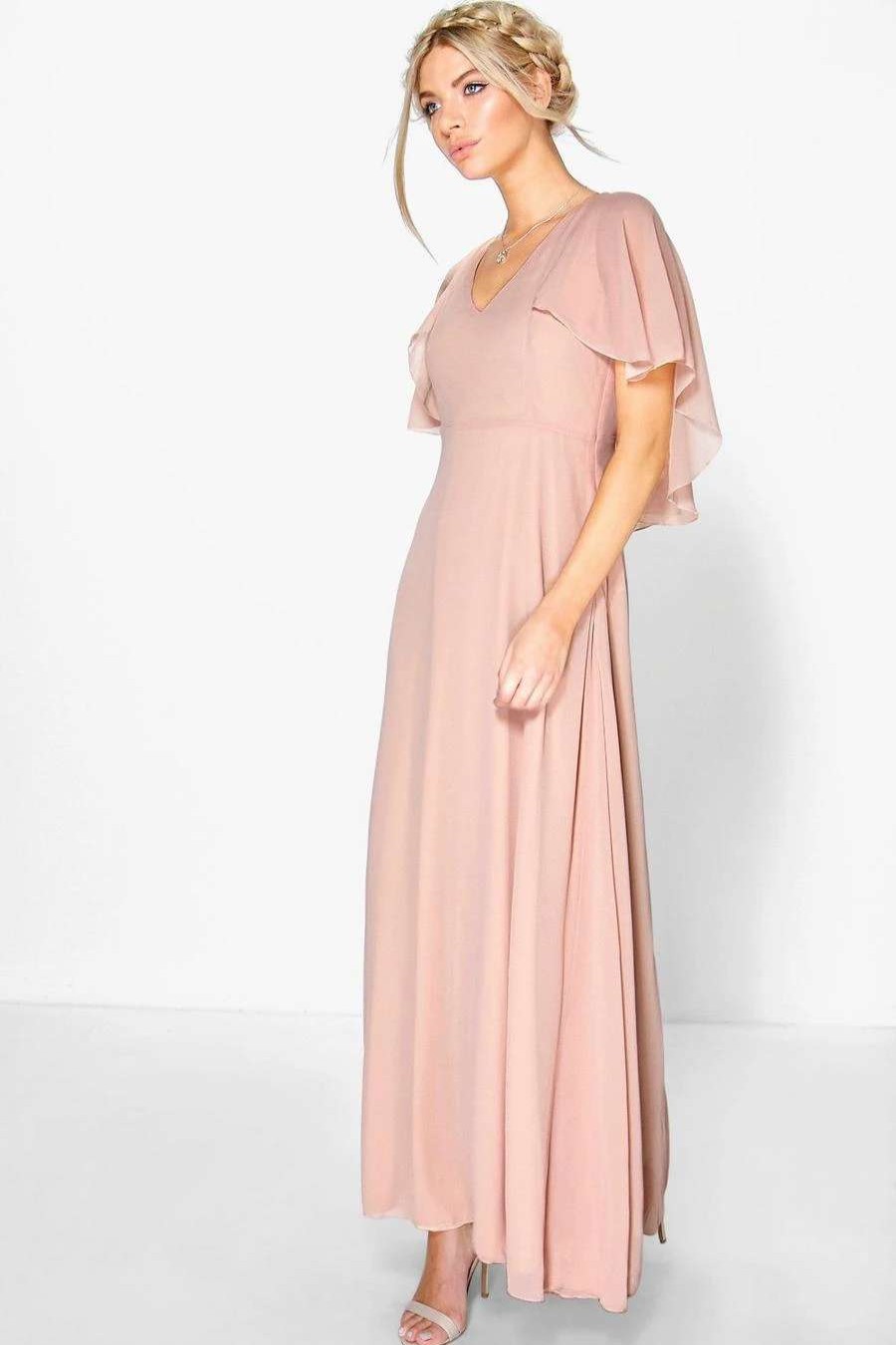 Maxi Dresses * | Chiffon Cape Sleeve Maxi Bridesmaid Dress