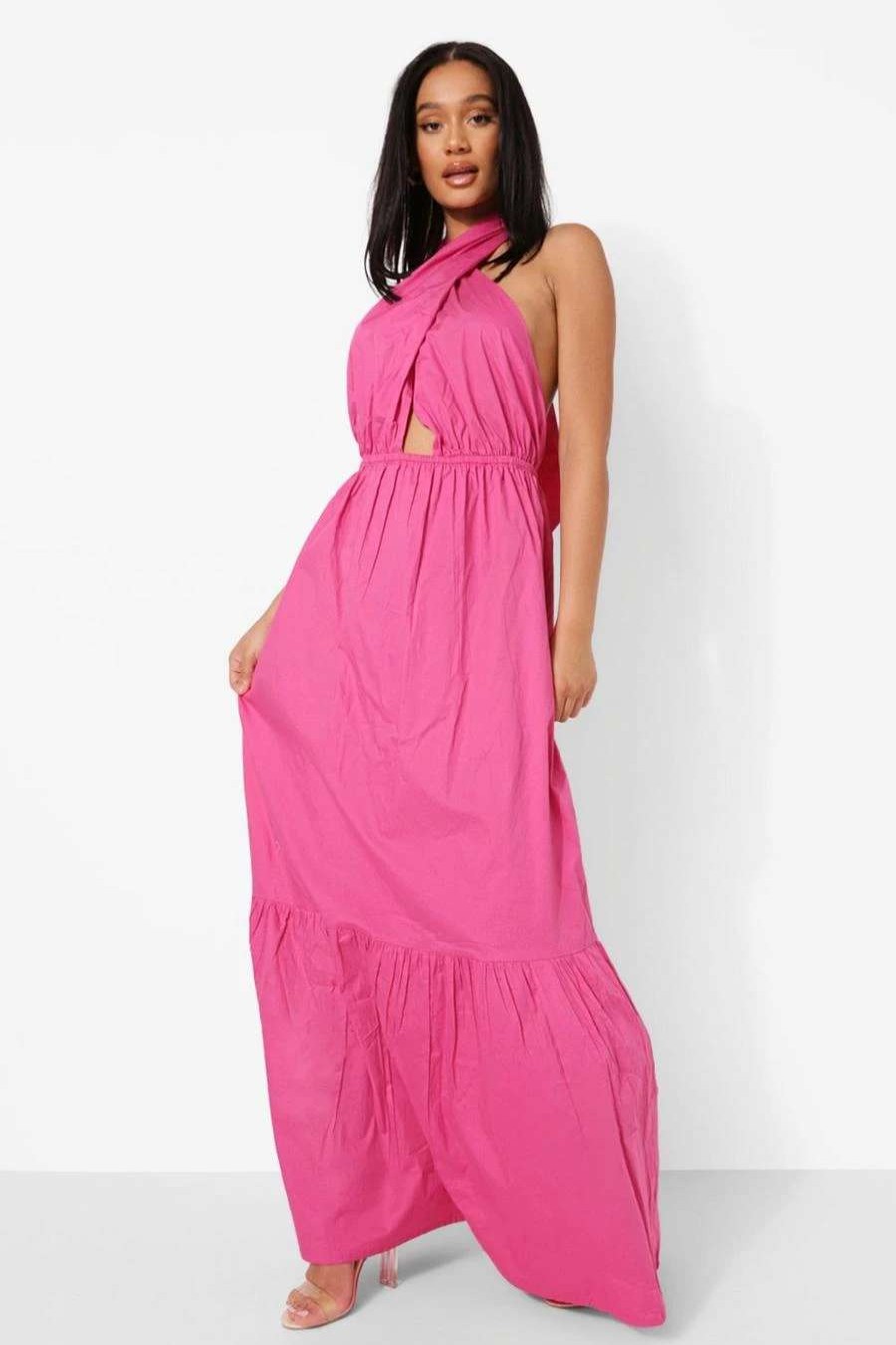 Maxi Dresses * | Cotton Wrap Halterneck Drop Hem Maxi Dress