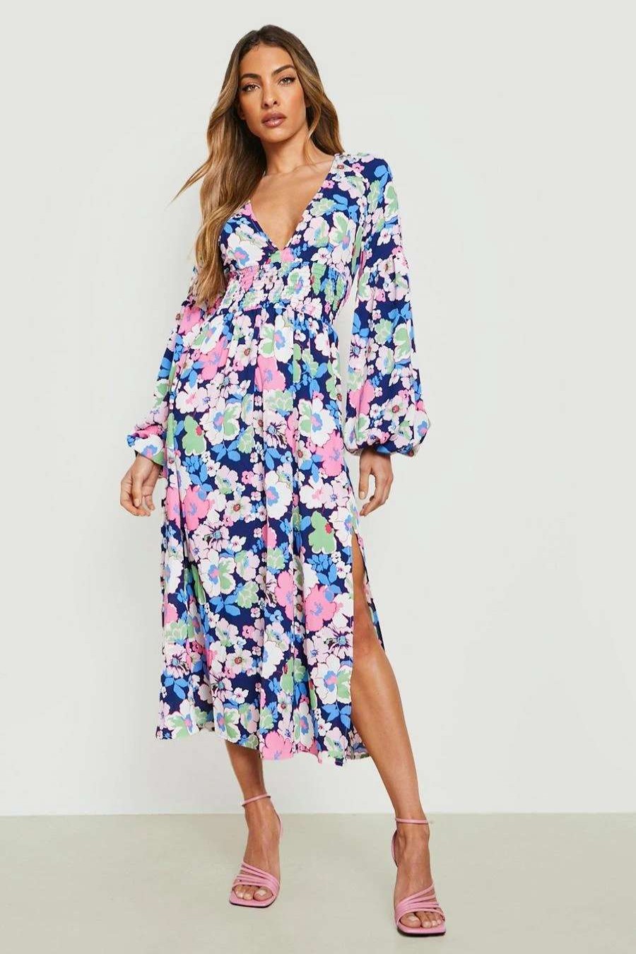 Maxi Dresses * | Floral Plunge Shirred Midaxi Dress