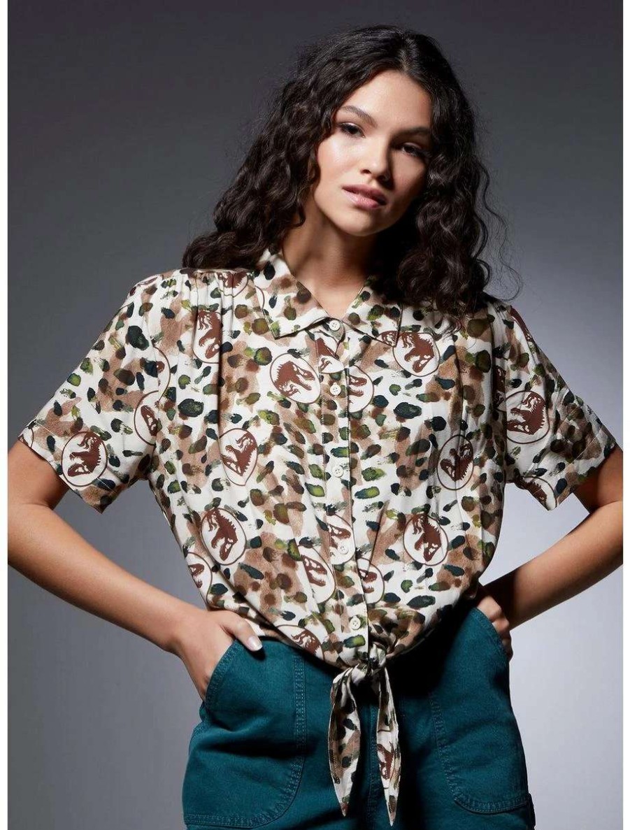 Button-Up Tops * | Boxlunch Her Universe Jurassic Park Camouflage Women'S Tie-Front Woven Top