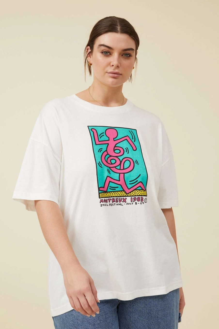 Graphic T-Shirts * | Cotton On Women Curve Special Edition Keith Haring Tee Lcn Kh Keith Haring Montreux/Vintage White