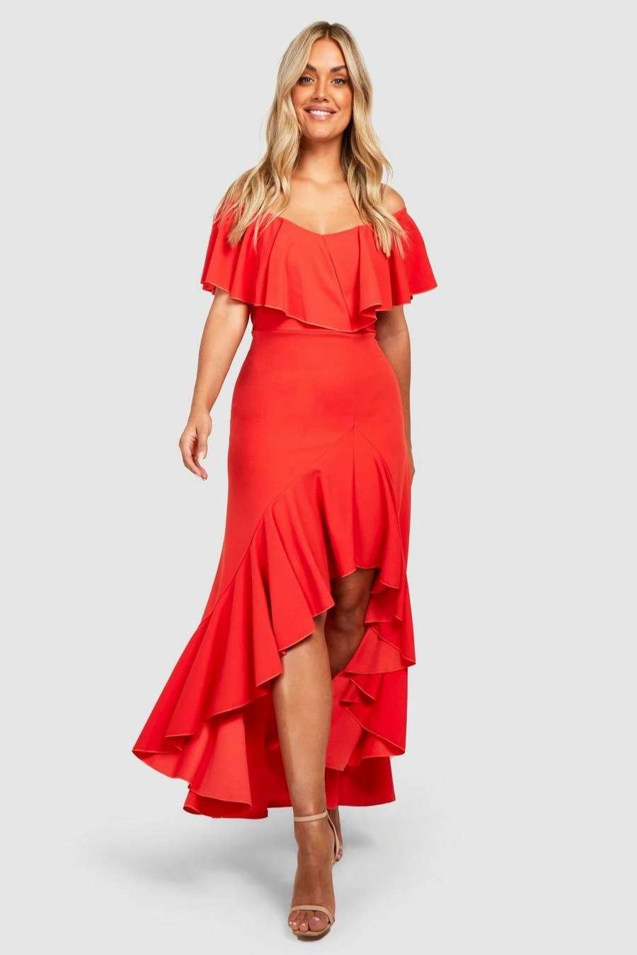 Maxi Dresses * | Plus Ruffle Off The Shoulder Split Leg Maxi Dress