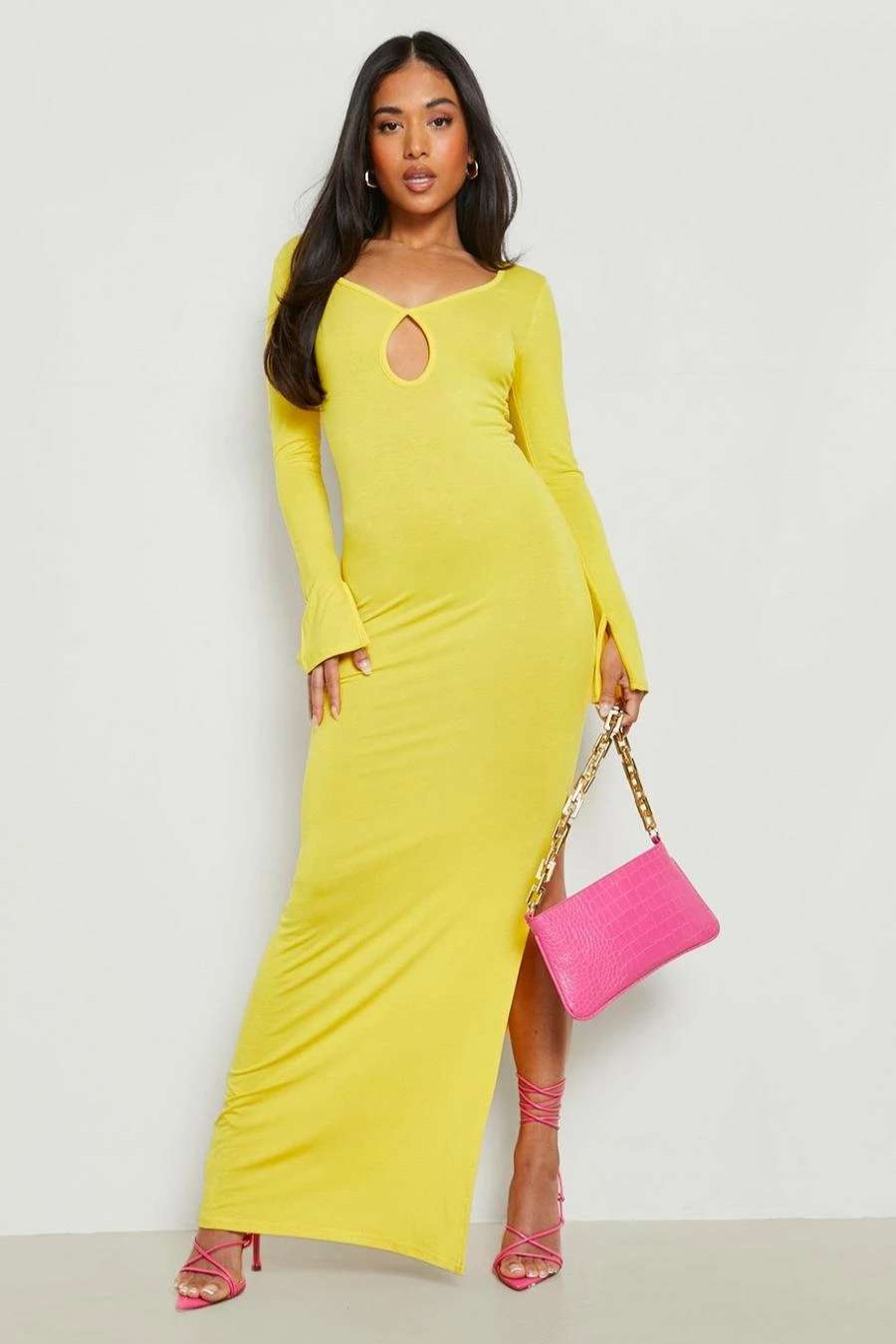 Maxi Dresses * | Petite Keyhole Plunge Long Sleeve Maxi Dress