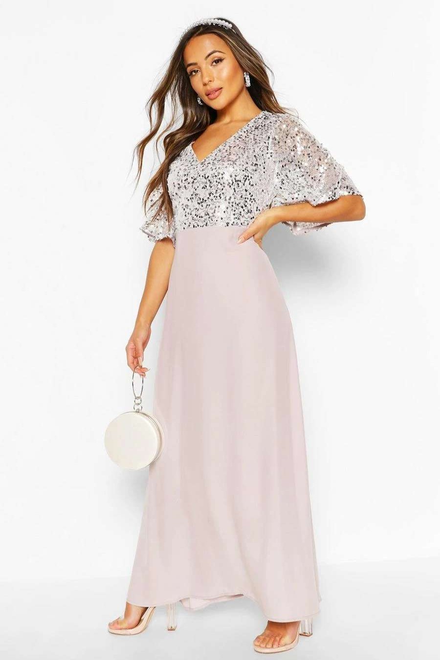 Maxi Dresses * | Petite Occasion Sequin Angel Sleeve Maxi Dress